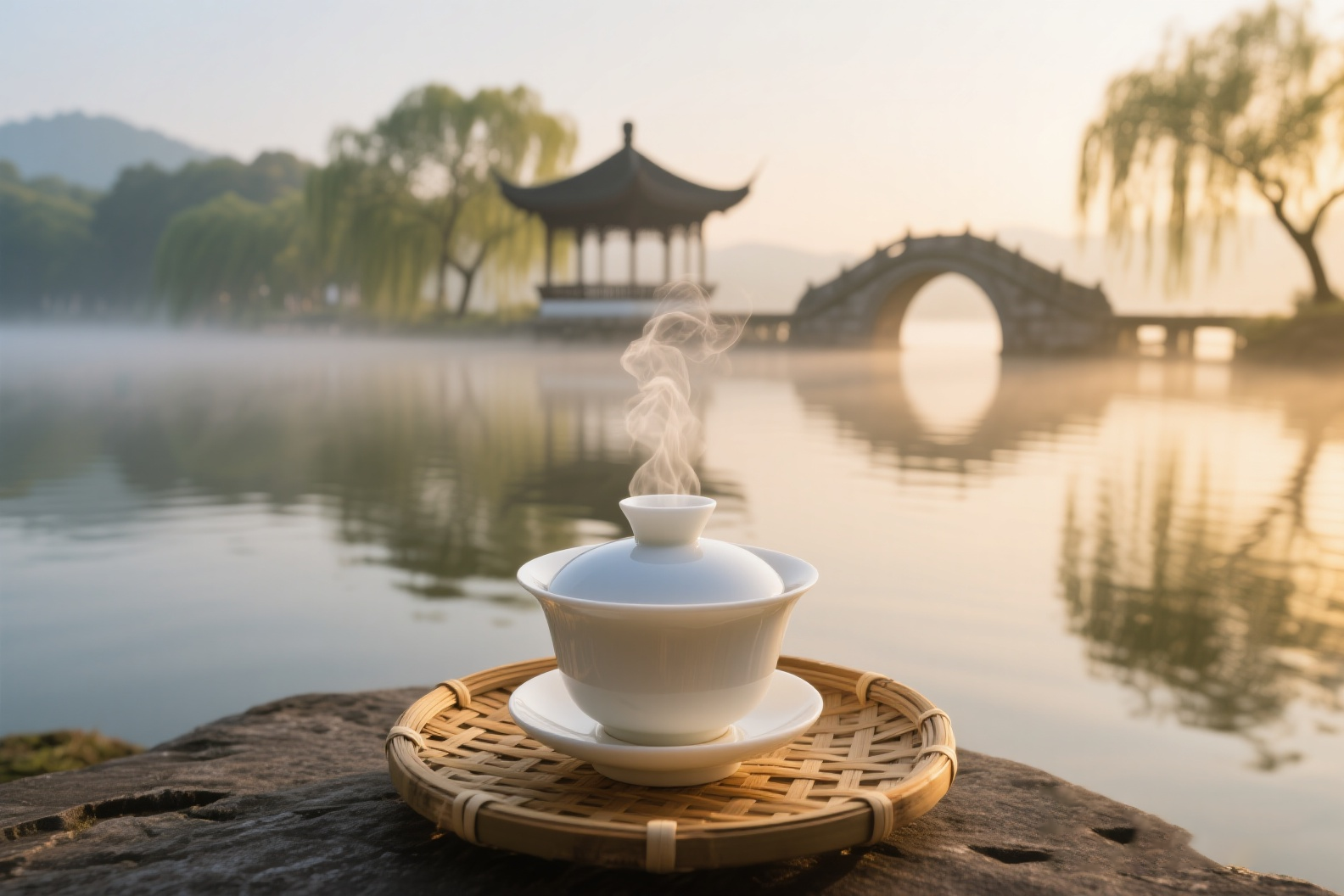 Gaiwan steaming at West Lake dawn