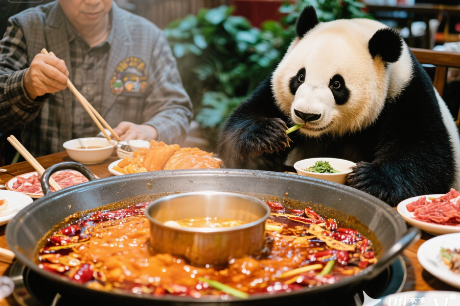 A giant panda sitting at a restaurant table, eating vegetables beside a man enjoying Sichuan hotpot