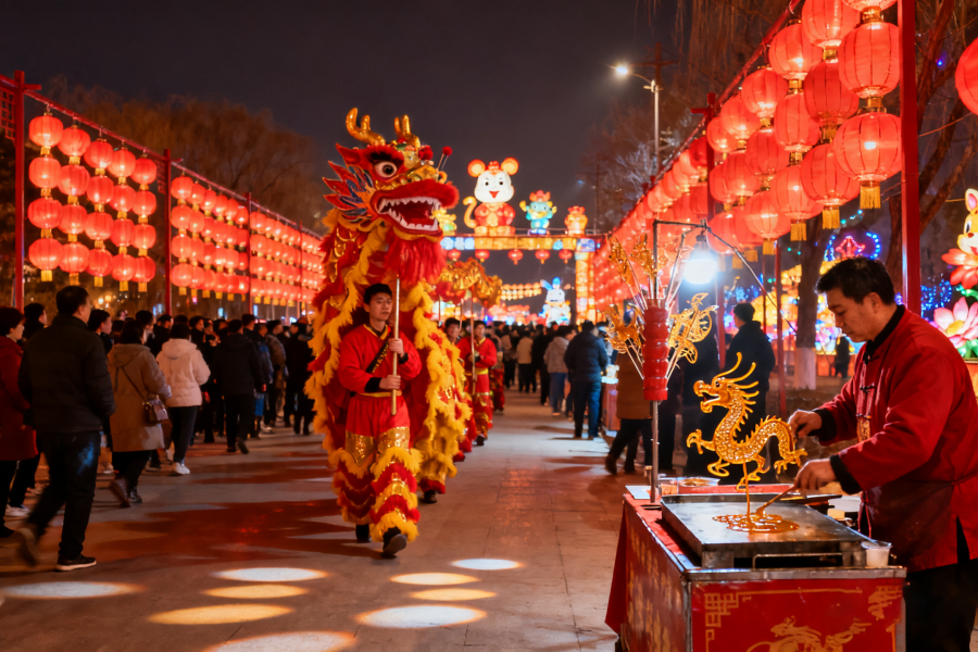 Dragon dance and sugar painting at a Chinese New Year temple fair at night, with rows of red lanterns.