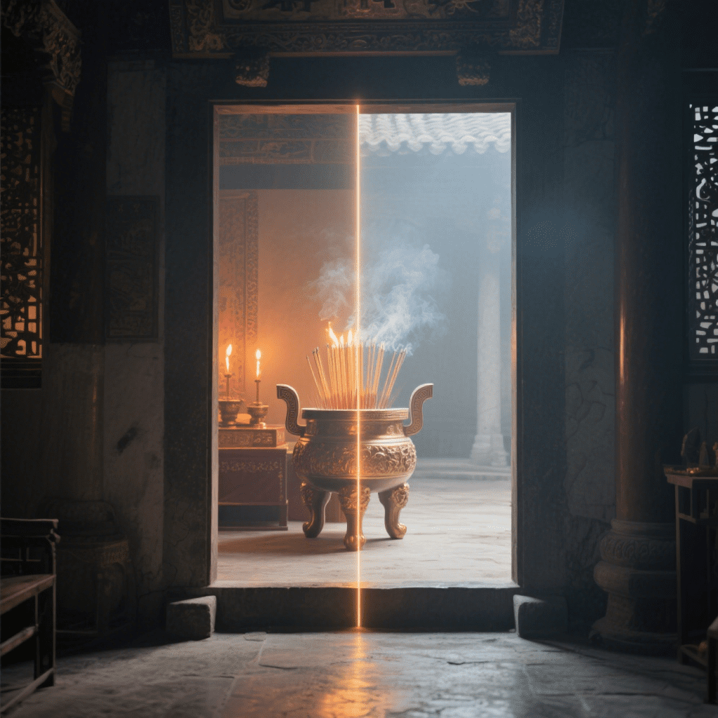 Incense burner at a temple threshold