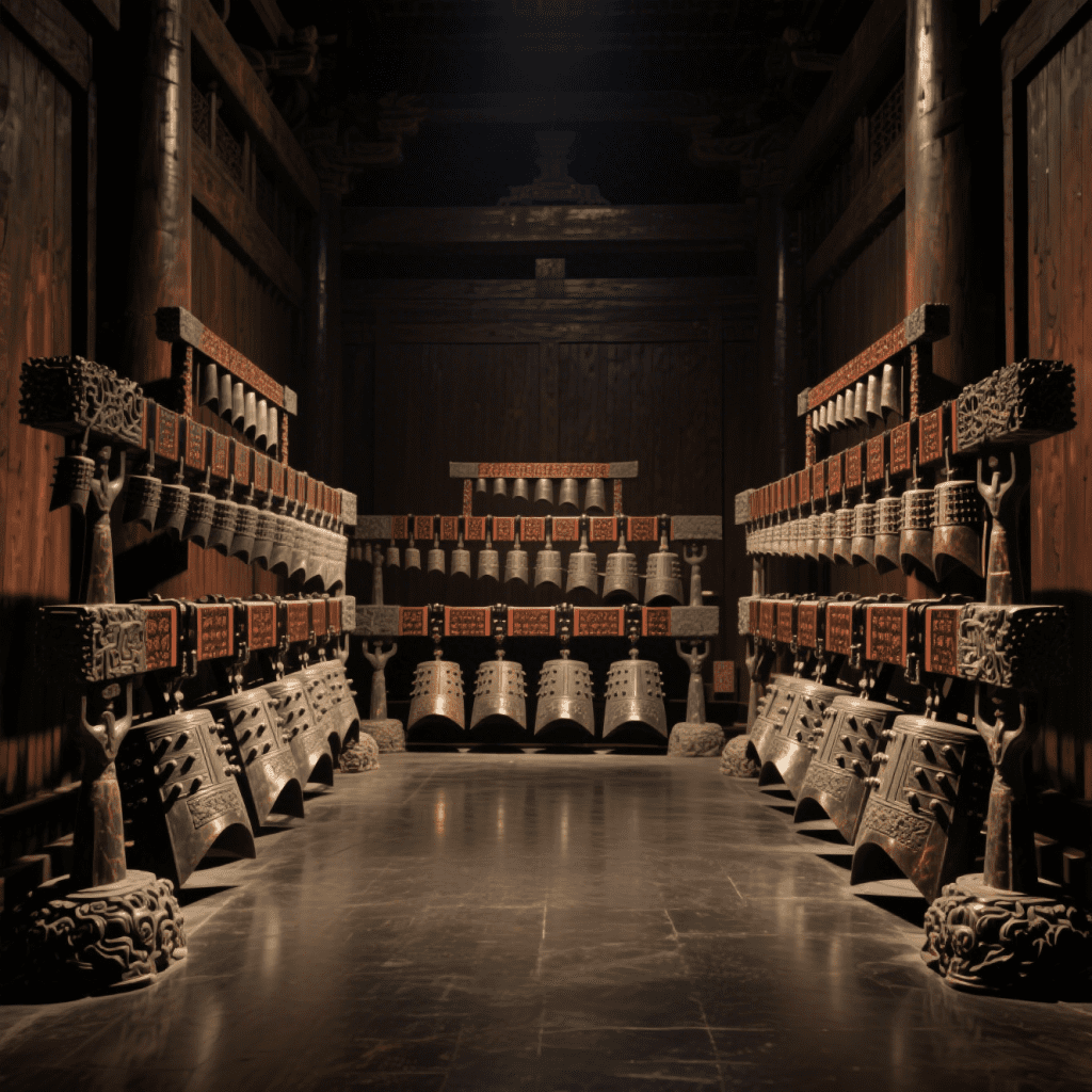 Chime bells arranged in an ancestral temple
