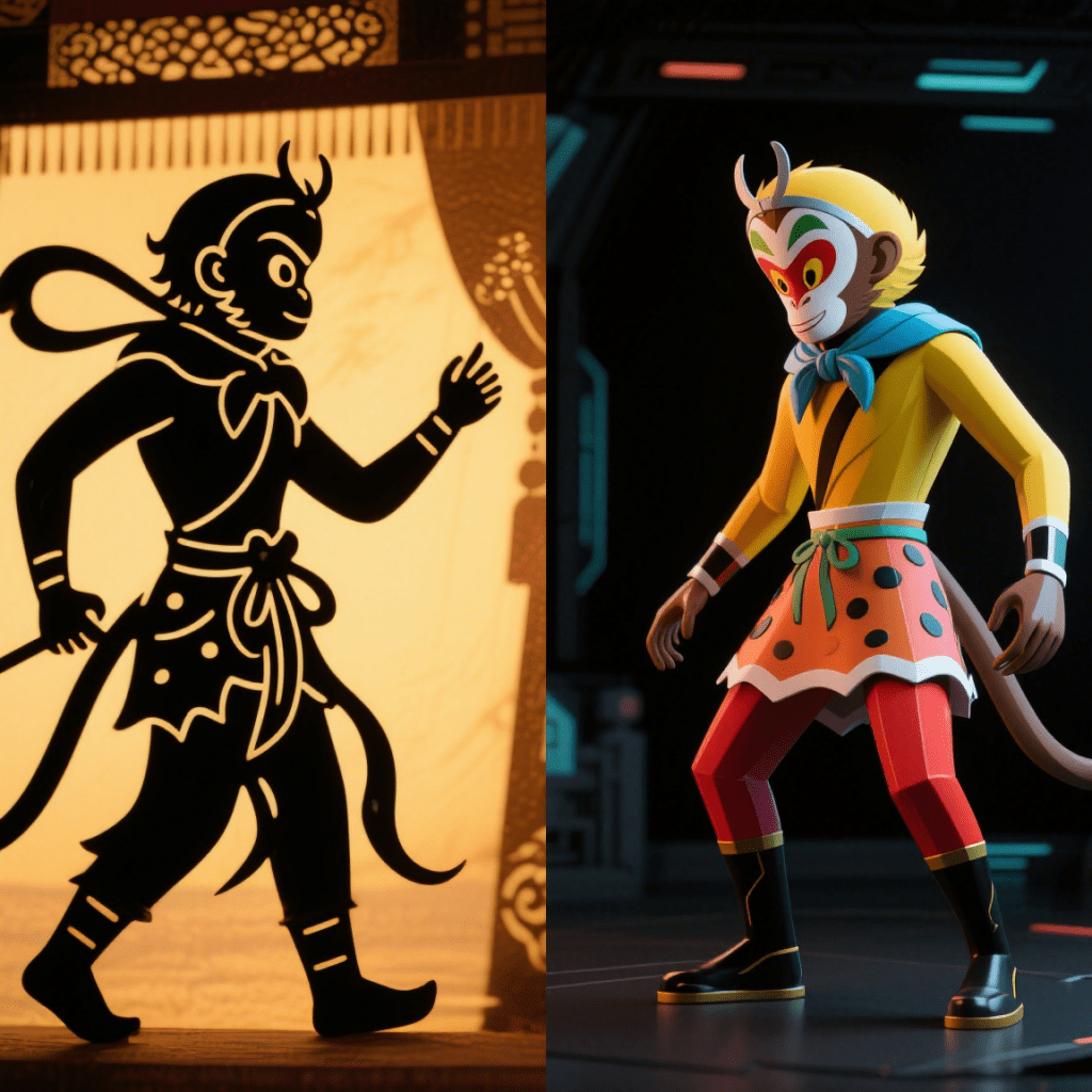 Shadow puppet Sun Wukong contrasted with his digital cartoon form