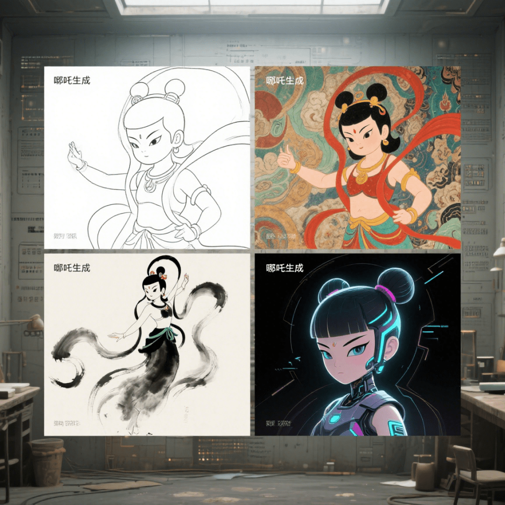 AI-generated transformation of Nezha across traditional and futuristic art styles in four panels.