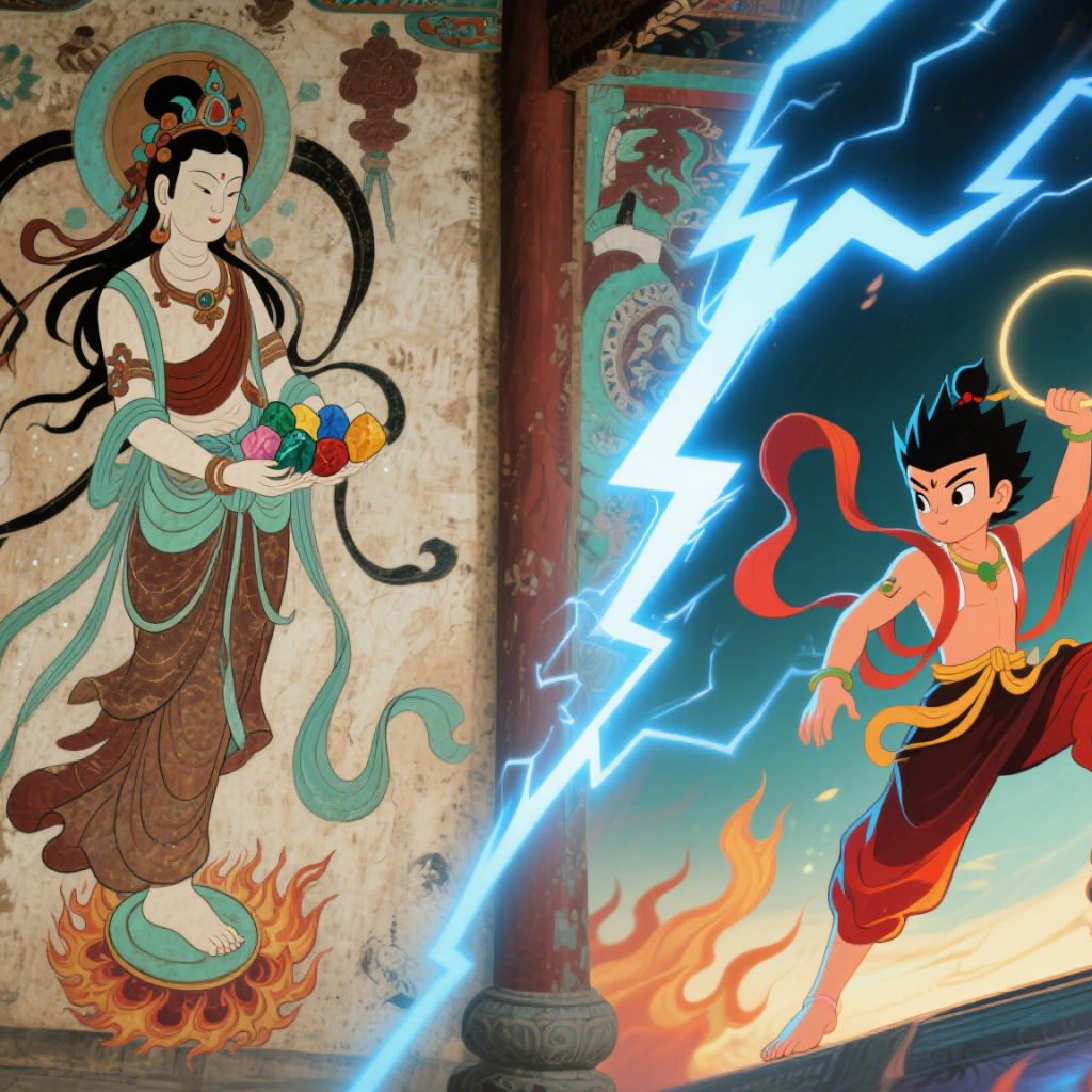 A visual confrontation between a mural goddess and a modern Ne Zha