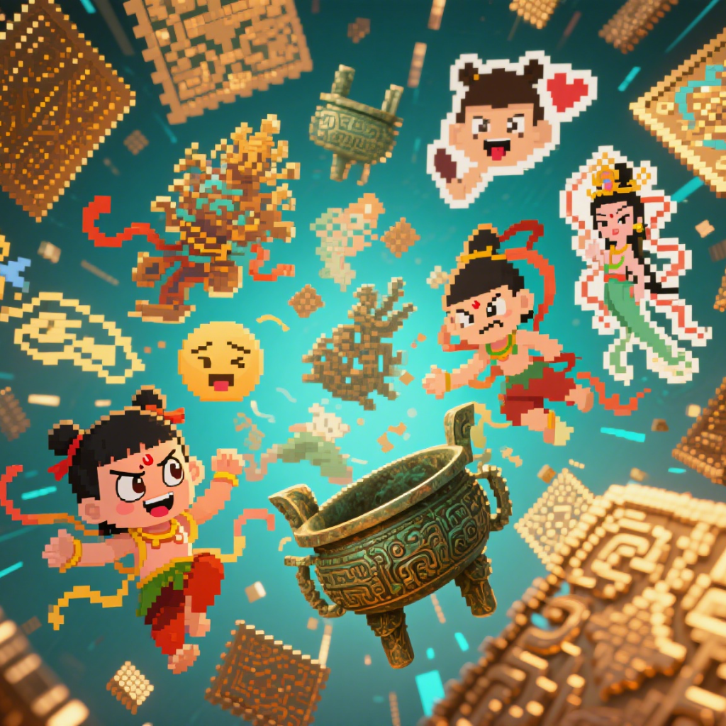 Pixelated Ne Zha and mythical figures roaming the digital world