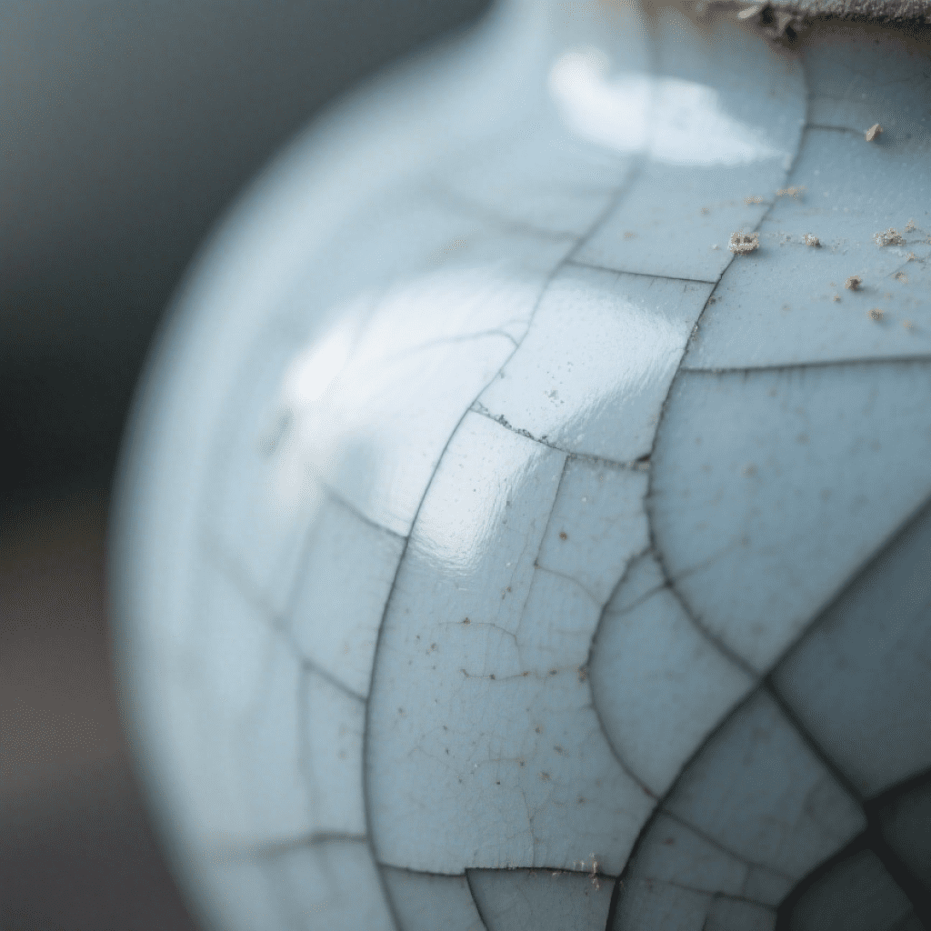 Close-up of a cracked ceramic surface showing traces of time and use