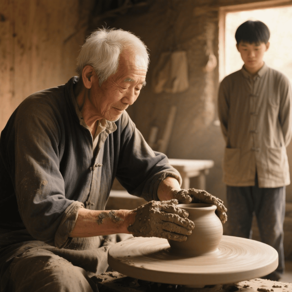 Young apprentice observing a master craftsman at work in a traditional workshop