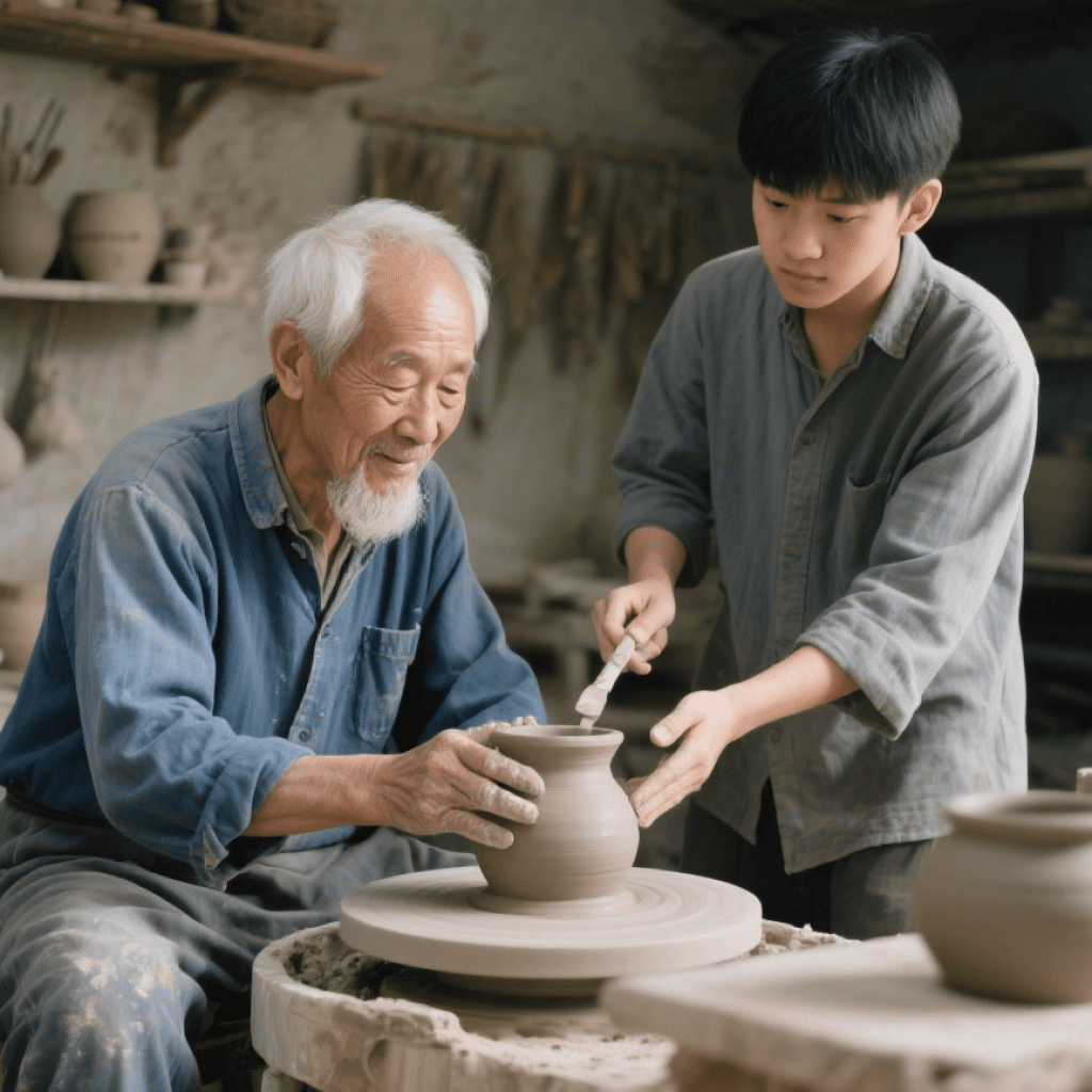 An elder potter guides a young apprentice in shaping a clay vessel, symbolizing intergenerational transmission of craft.