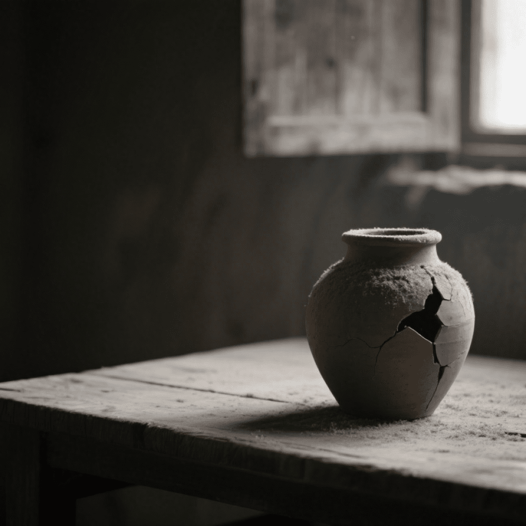 A broken ceramic pot covered in dust sits silently on a wooden table by an old window, evoking a sense of forgotten memory.