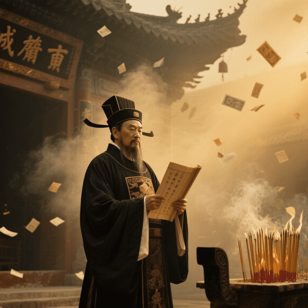 City God in black robe at incense altar, holding a scroll in a temple courtyard