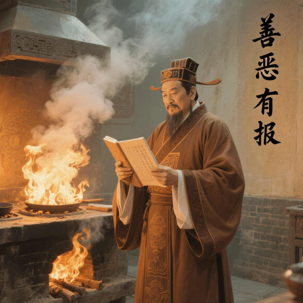 Zao Jun in traditional robe by a fiery stove, holding a ledger of virtues