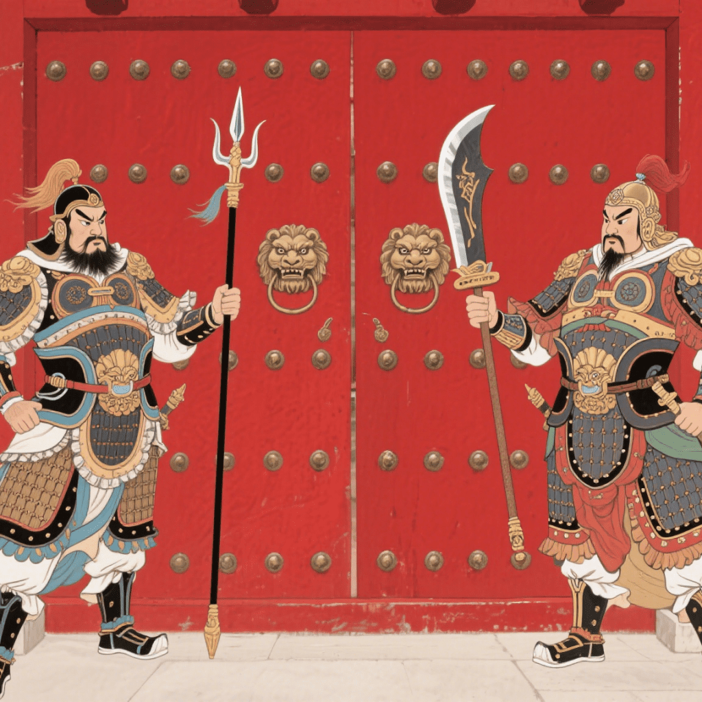 Two armored Door Gods standing before a red gate with lion door knockers