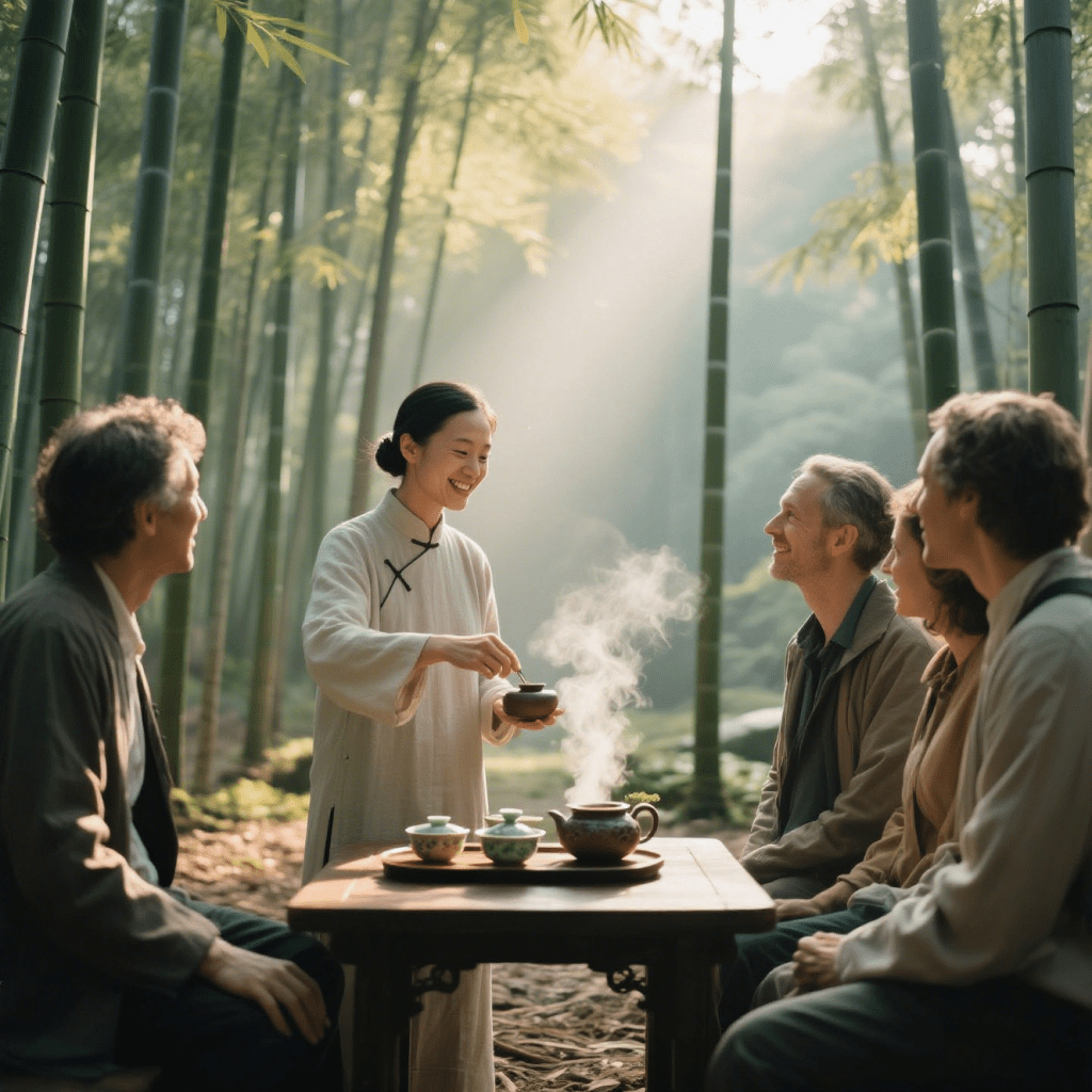 Traditional tea ceremony in a bamboo forest with international guests