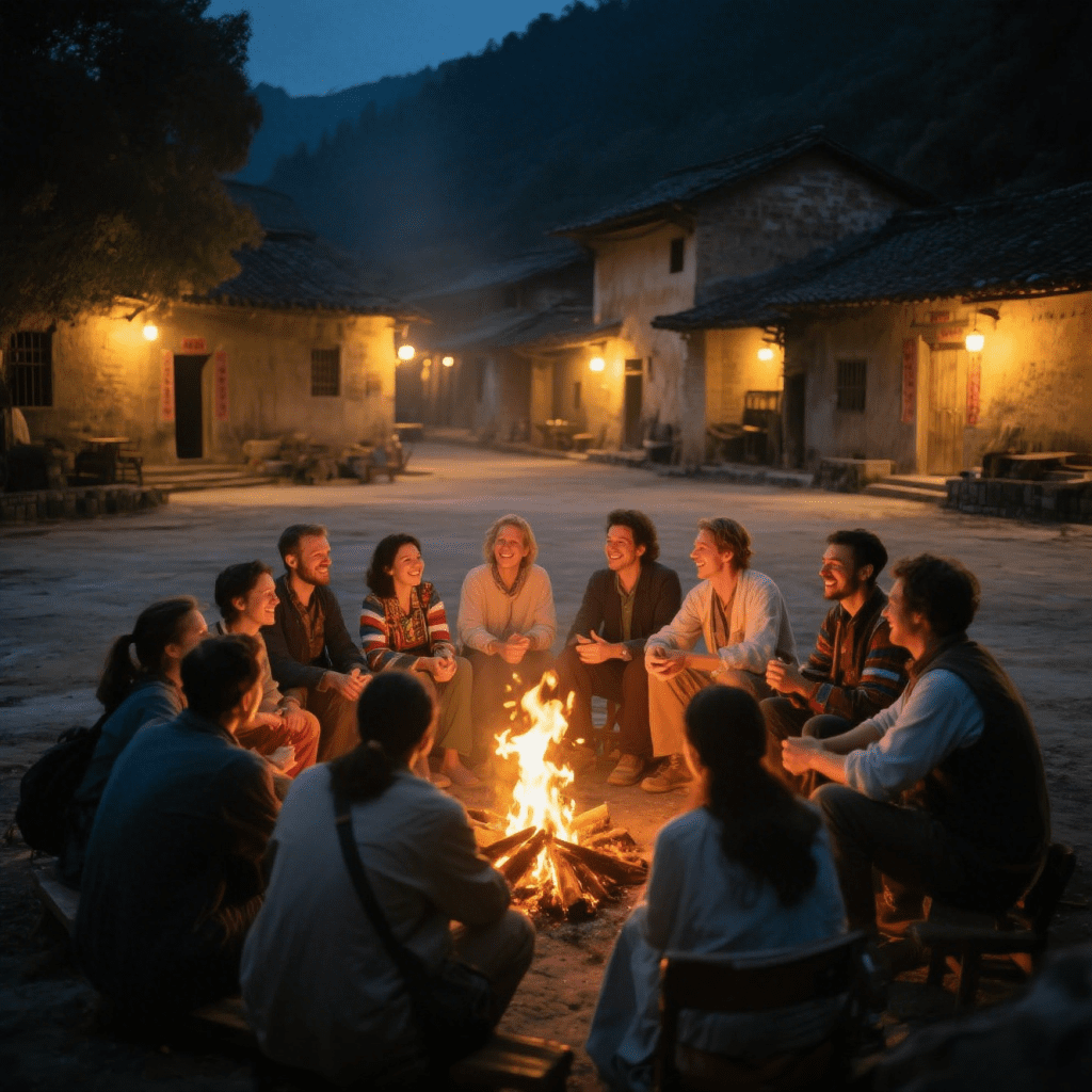 International travelers sharing stories around a bonfire in a traditional Chinese village