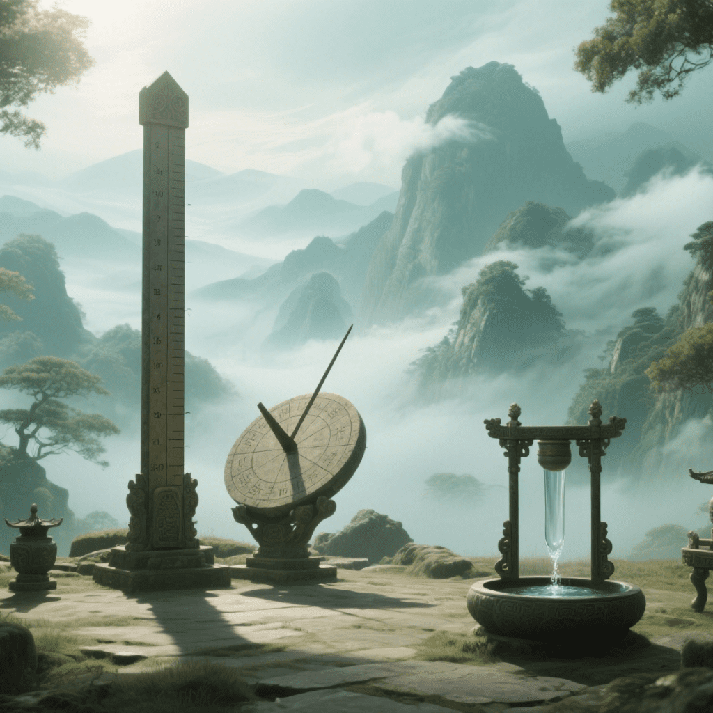 Ancient Chinese timekeeping instruments including sundials and water clocks in a misty mountain setting.
