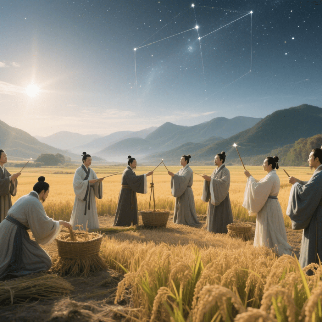 Ancient Chinese scholars observing stars in a golden rice field during a ritual ceremony.