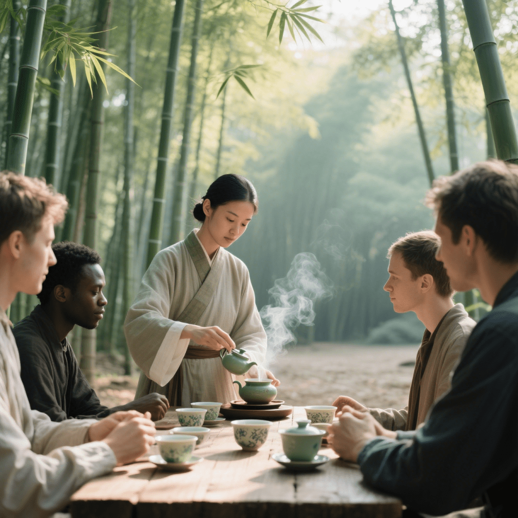 a Chinese tea master gracefully preparing tea for a diverse group in a serene bamboo grove