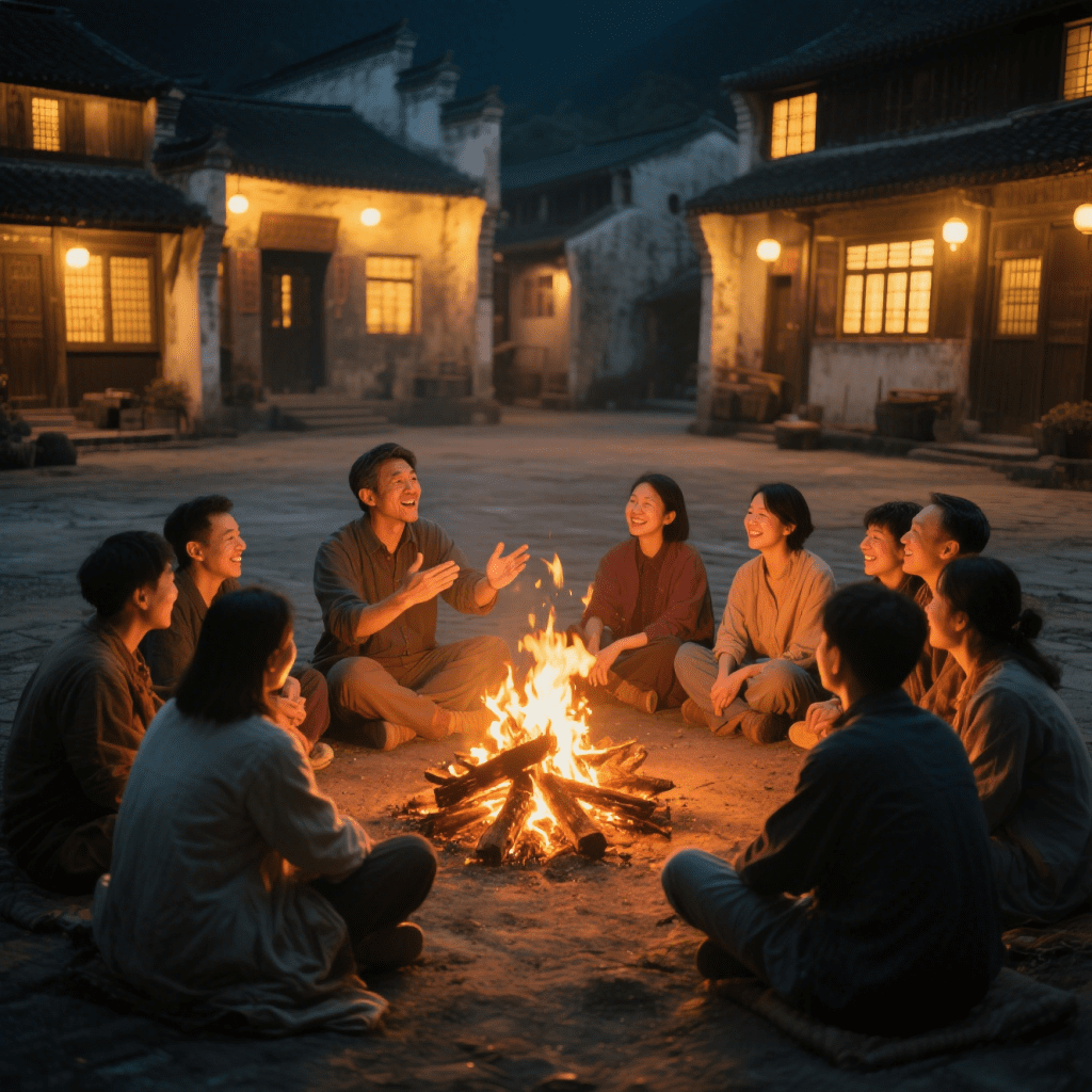 Chinese villagers and travelers gathered around a bonfire, sharing stories under warm lantern light in a heritage courtyard