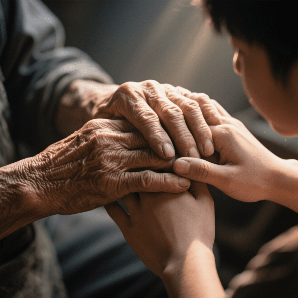 Woman’s hands embroidering golden threads on red fabric