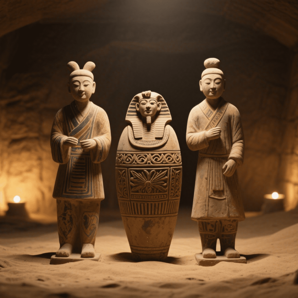 Terracotta warriors and Egyptian pharaoh sculpture side by side in a tomb