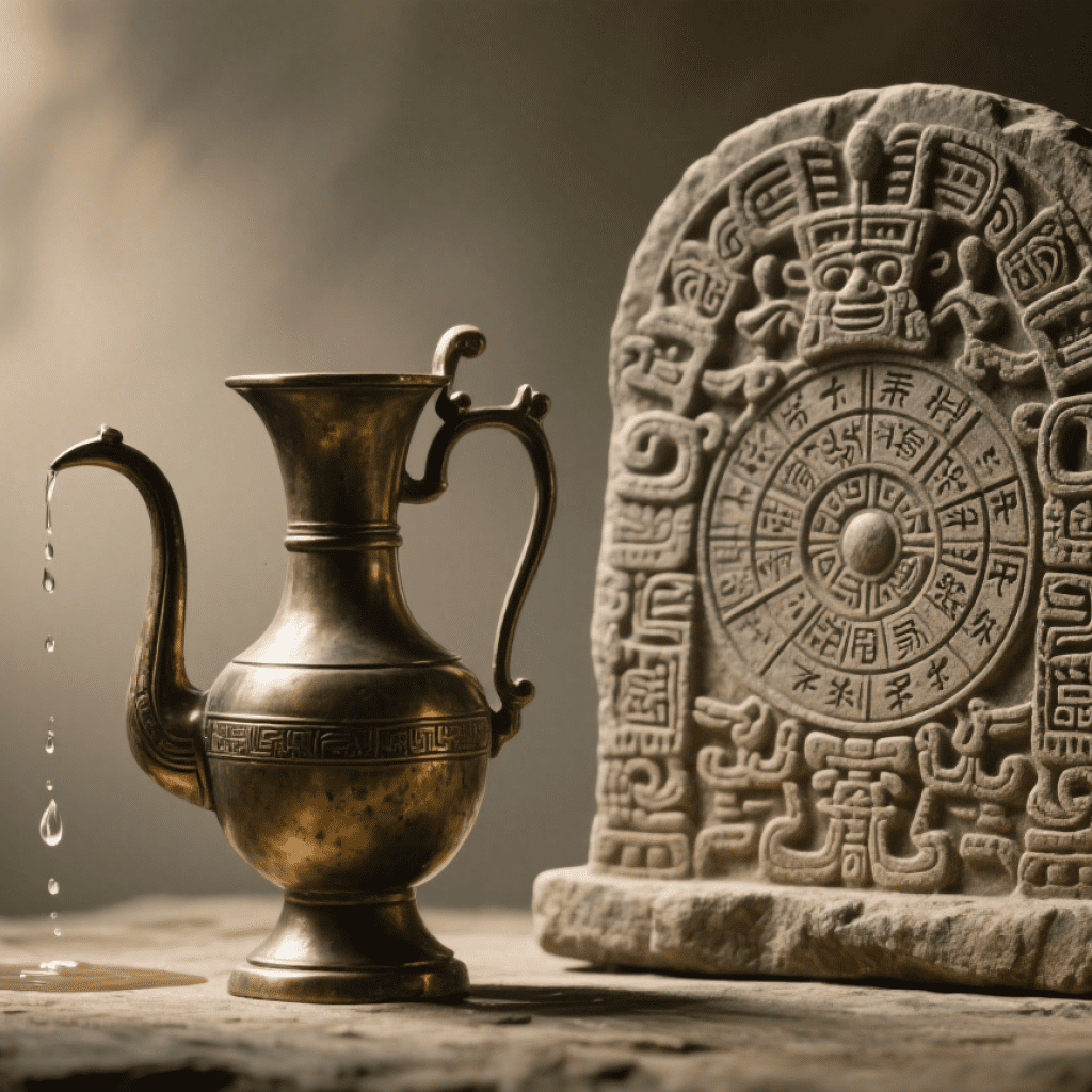 Maya calendar stone and metal water vessel dripping liquid