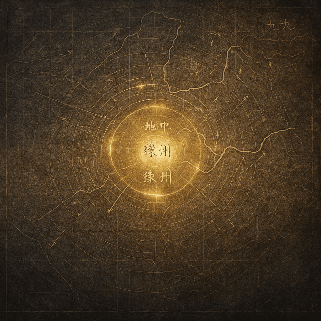 Ancient Chinese cosmological map highlighting Yuzhou as the center of the world, radiating concentric golden circles of order.