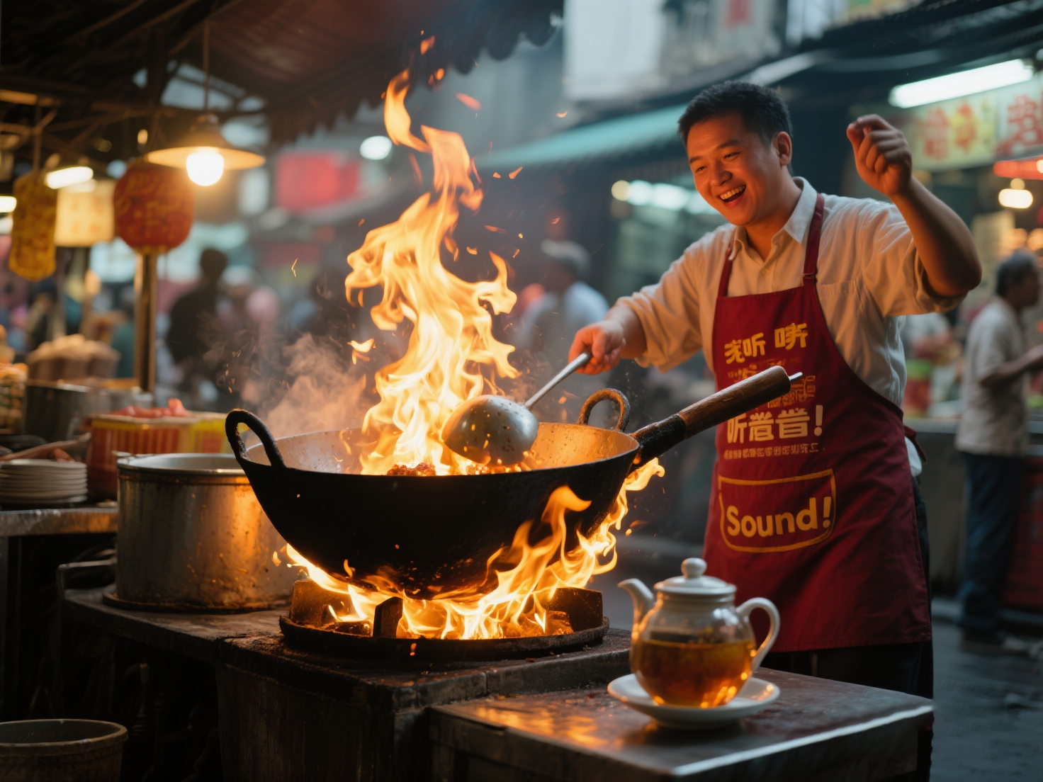 Sound — roaring wok fire and market bustle; sound of tea brewing and stir-fry rhythm.