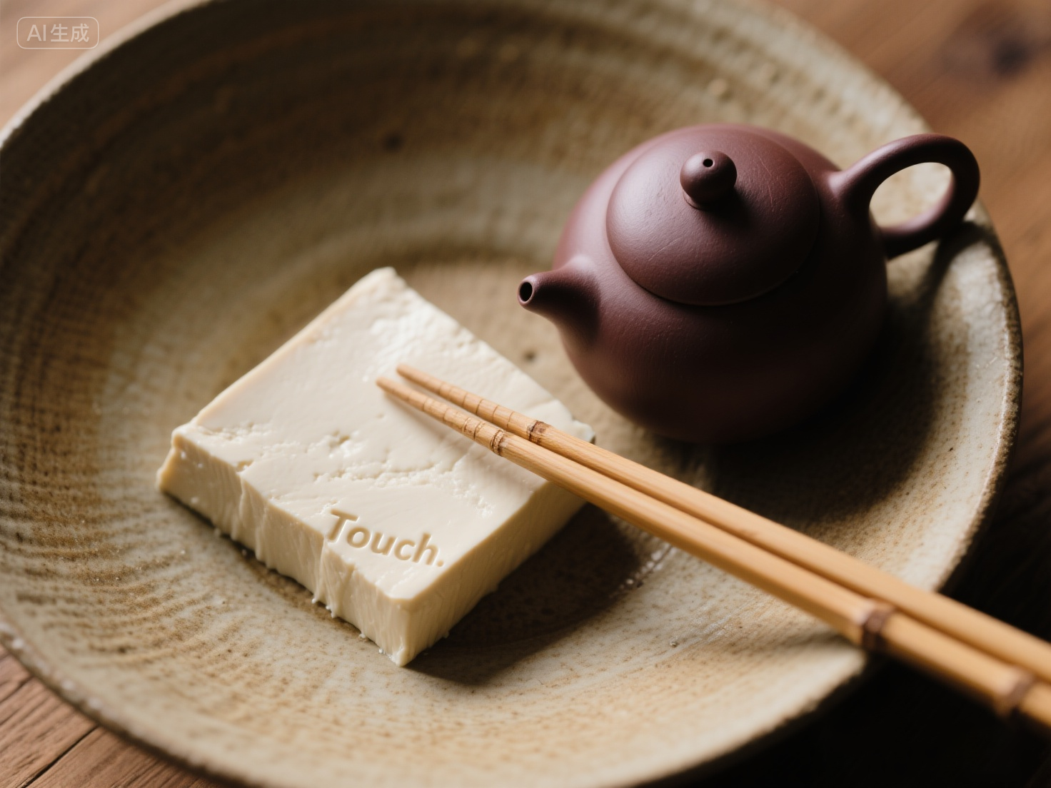 Touch — bamboo chopsticks lifting tofu; zisha teapot handle and coarse pottery textures.