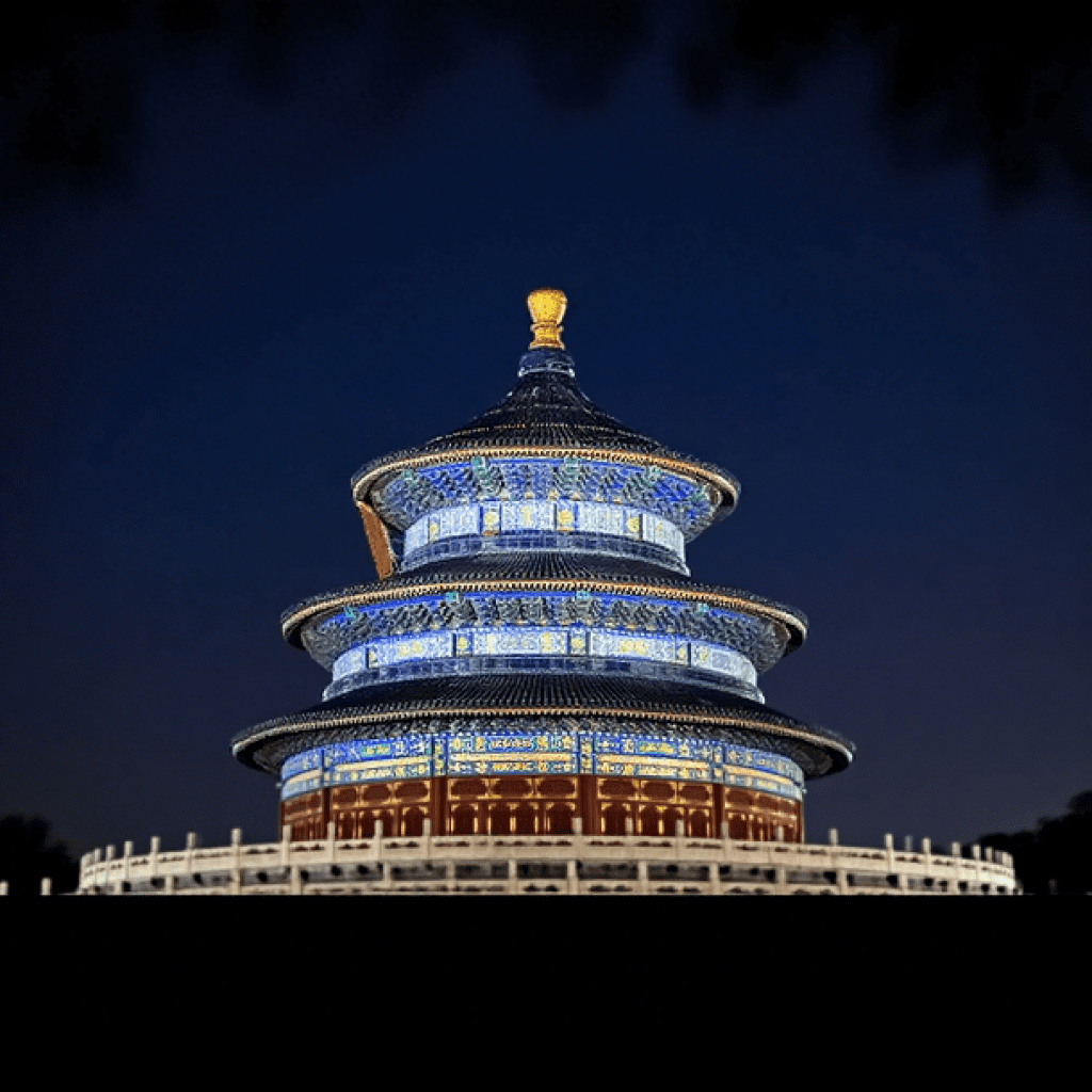 The Hall of Prayer for Good Harvests at the Temple of Heaven in Beijing illuminated at night, symbolizing harmony between heaven and earth.