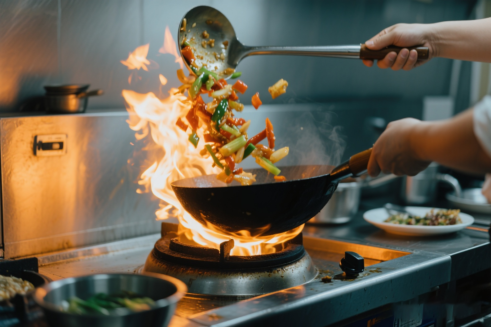 Wok hei stir-fry flame leaping from a wok