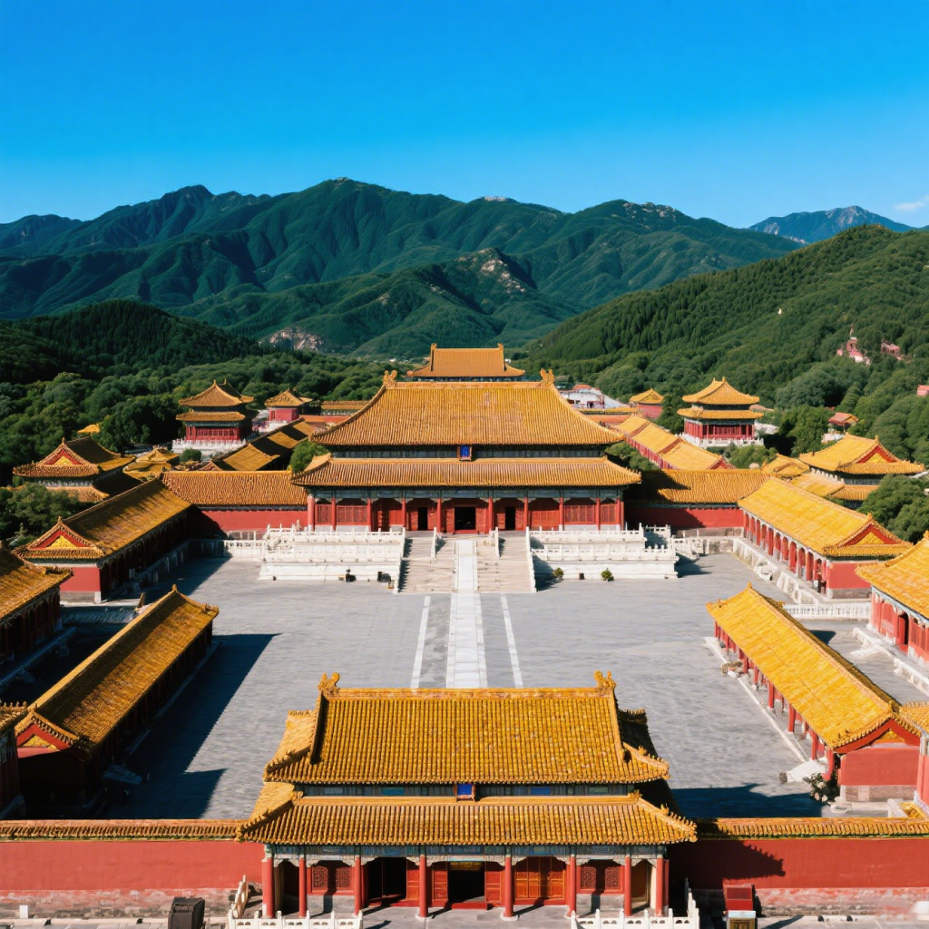 Imperial Ming Dynasty tomb complex with golden roofs and symmetrical courtyards set against green mountains near Beijing.