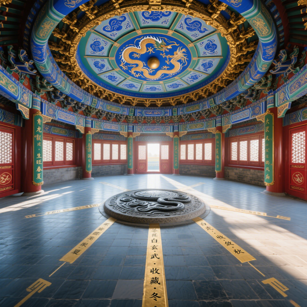 Chinese circular palace hall with dragon ceiling and four seasons cosmic diagram on the floor, symbolizing harmony of heaven and earth.