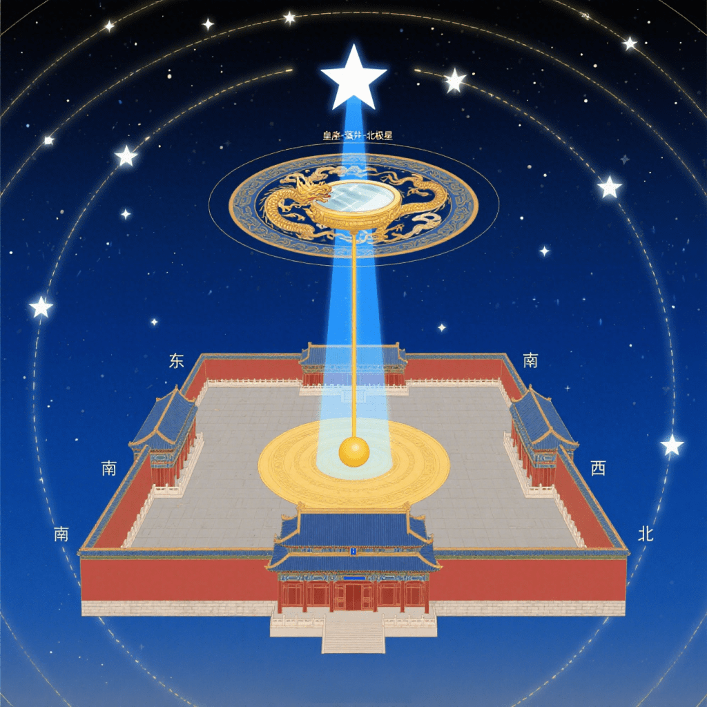 Cosmic diagram showing the Forbidden City aligned with the North Star, symbolizing the emperor as the pivot of heaven and earth.