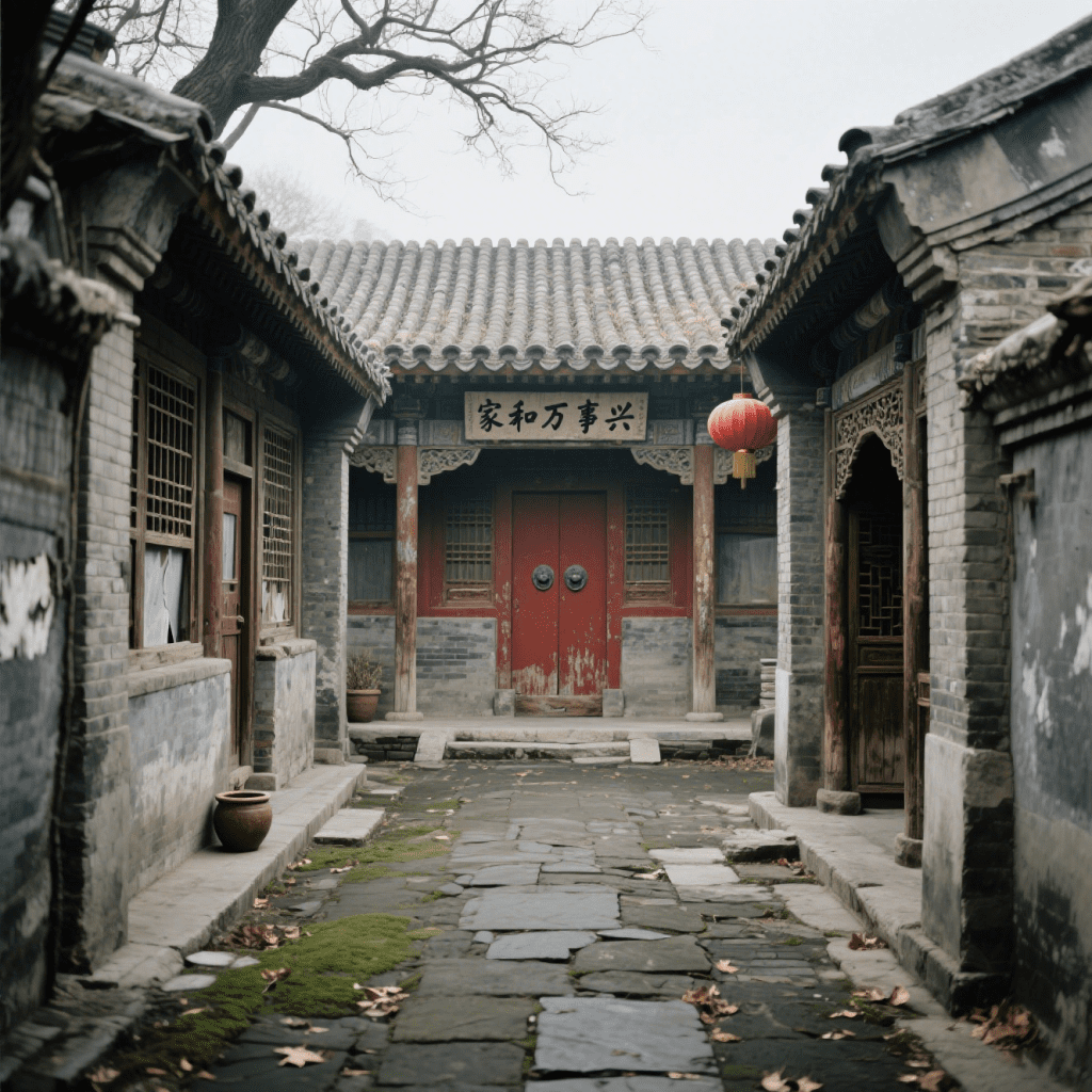 A traditional Chinese siheyuan courtyard with red wooden doors, stone pathway, and a lantern symbolizing harmony and prosperity.