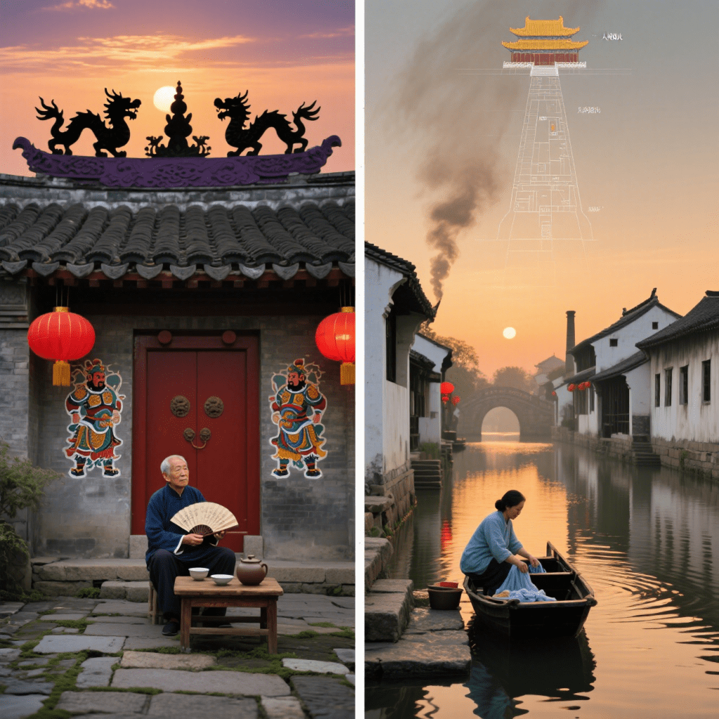 Juxtaposition of northern siheyuan courtyard life and southern water town daily scene, reflecting the harmony of Chinese tradition.
