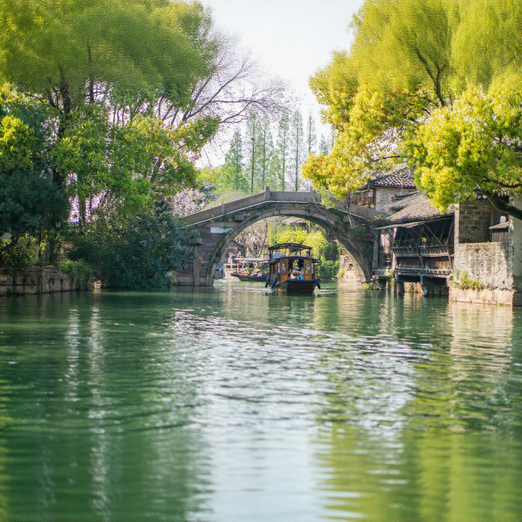 Traditional stone arch bridge over a canal in a Jiangnan water town, with willow trees and wooden boats reflecting timeless Chinese river culture.
