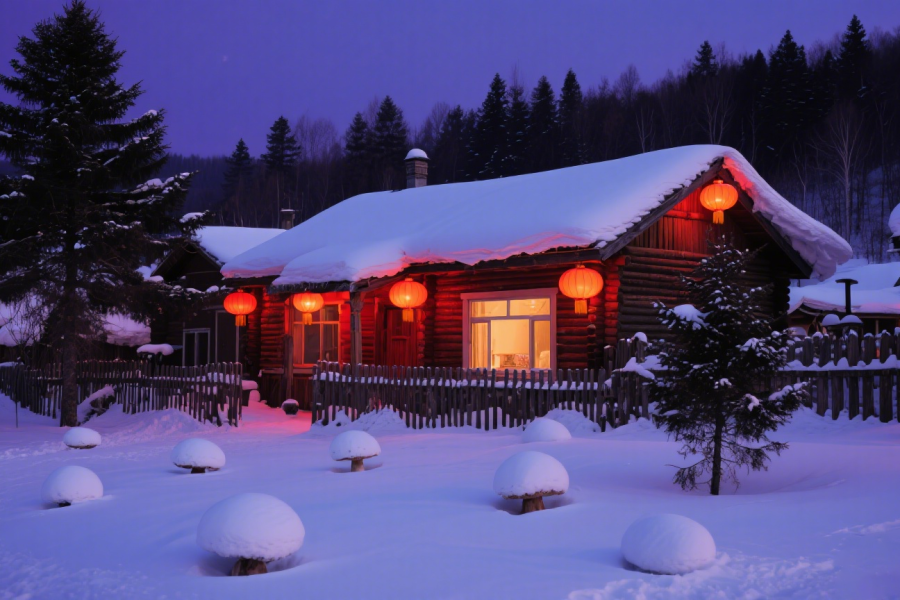 Snow-covered wooden houses with red lanterns in winter night, Mudanjiang Snow Town