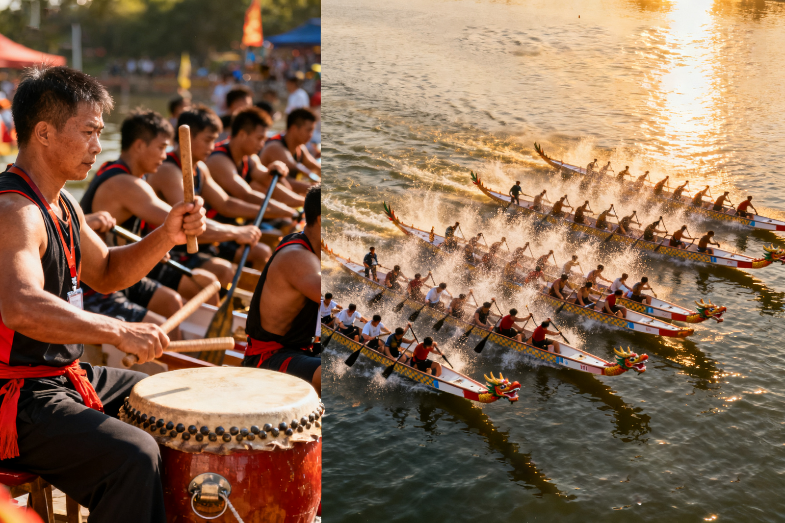 Drummer calling the rate while paddlers accelerate