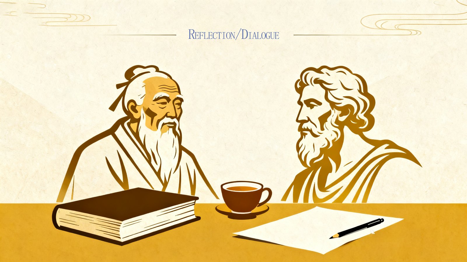 Reflective desk scene suggesting a dialogue among philosophical traditions