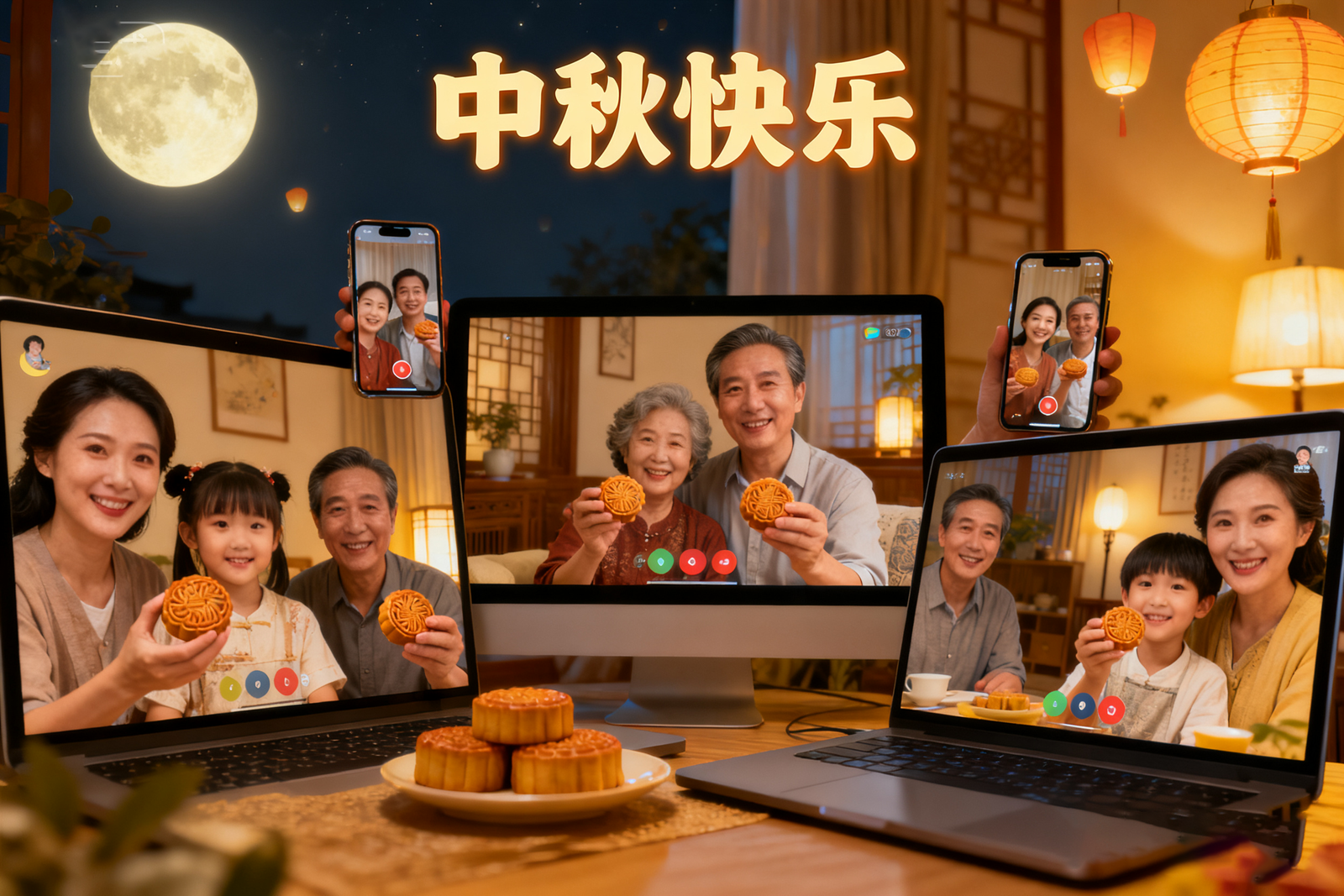 Chinese family celebrating Mid-Autumn Festival via video call