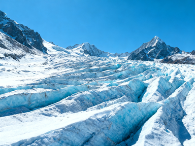 Mount Gongga’s sharp summit above a long glacier tongue; stacked cloud bands sweep past.