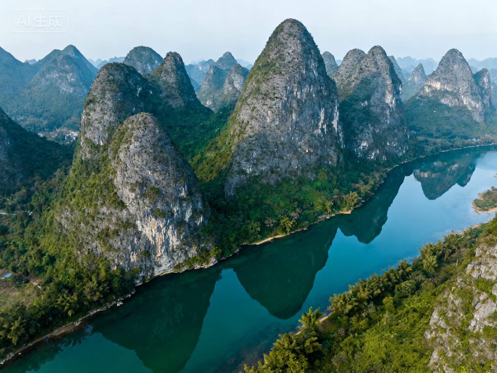 Karst peaks mirror in the Li River near Guilin; boats and village lights punctuate dusk.
