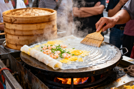 Street vendor making rice-noodle rolls with egg and shrimp on a hot pan.