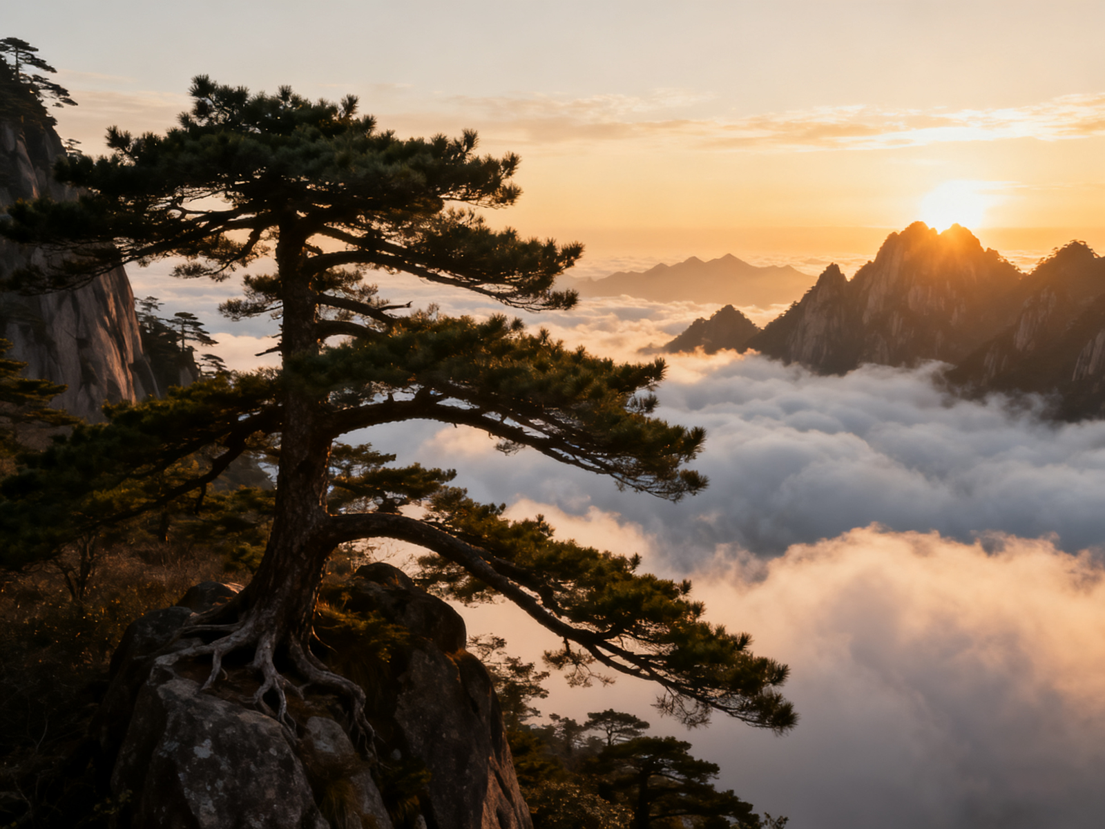 Wind-carved pines over Huangshan’s ocean of clouds; granite spires pierce luminous mist.