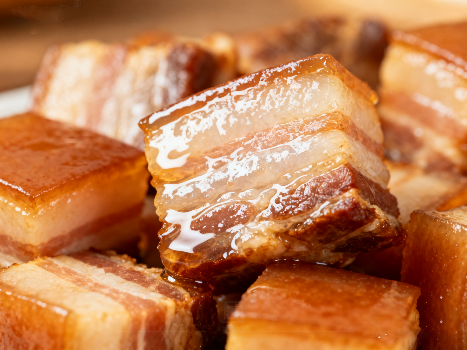 Dongpo pork: lacquered belly cubes, wobbling tender