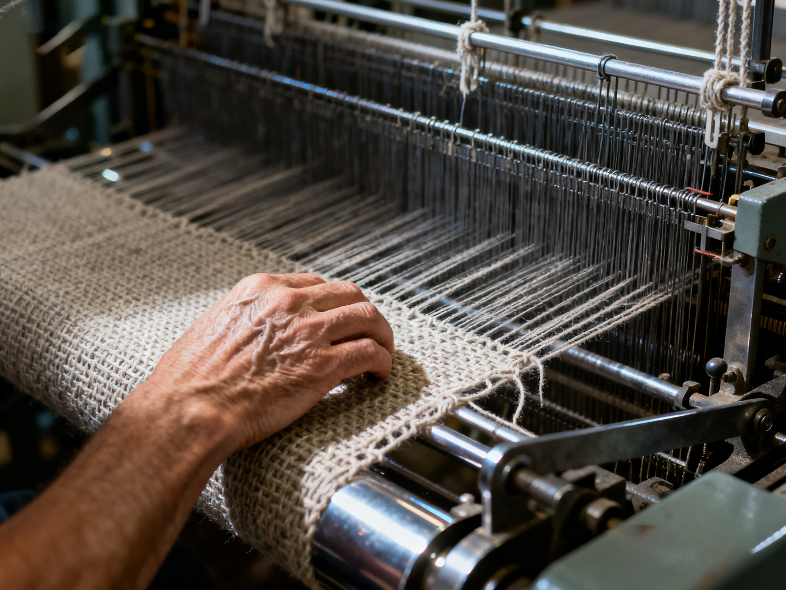 Silk loom: warp and weft forming fine brocade patterns