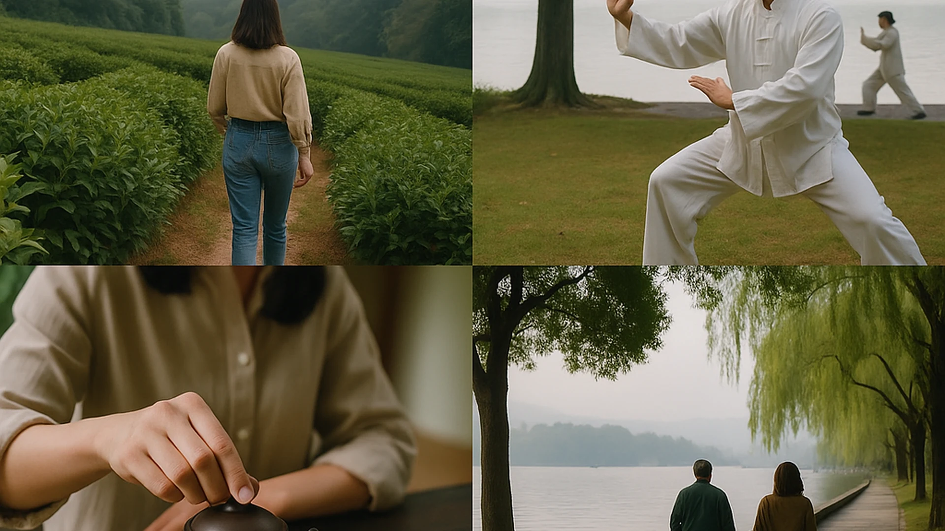 Half-day at West Lake: tea fields walk, Tai Chi, tea ritual, mindful lakeside stroll.