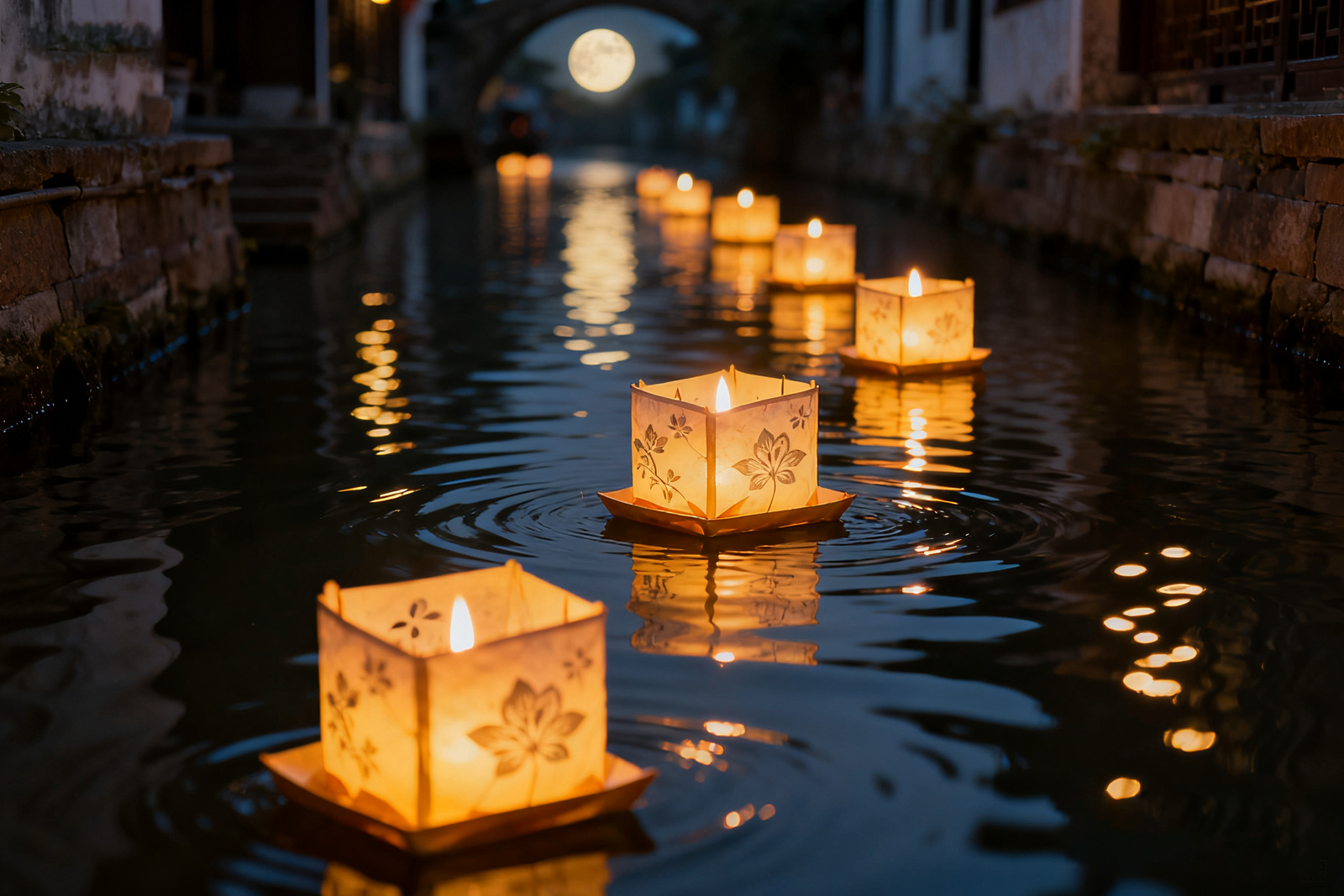 Lanterns floating on water during Mid-Autumn Festival in China