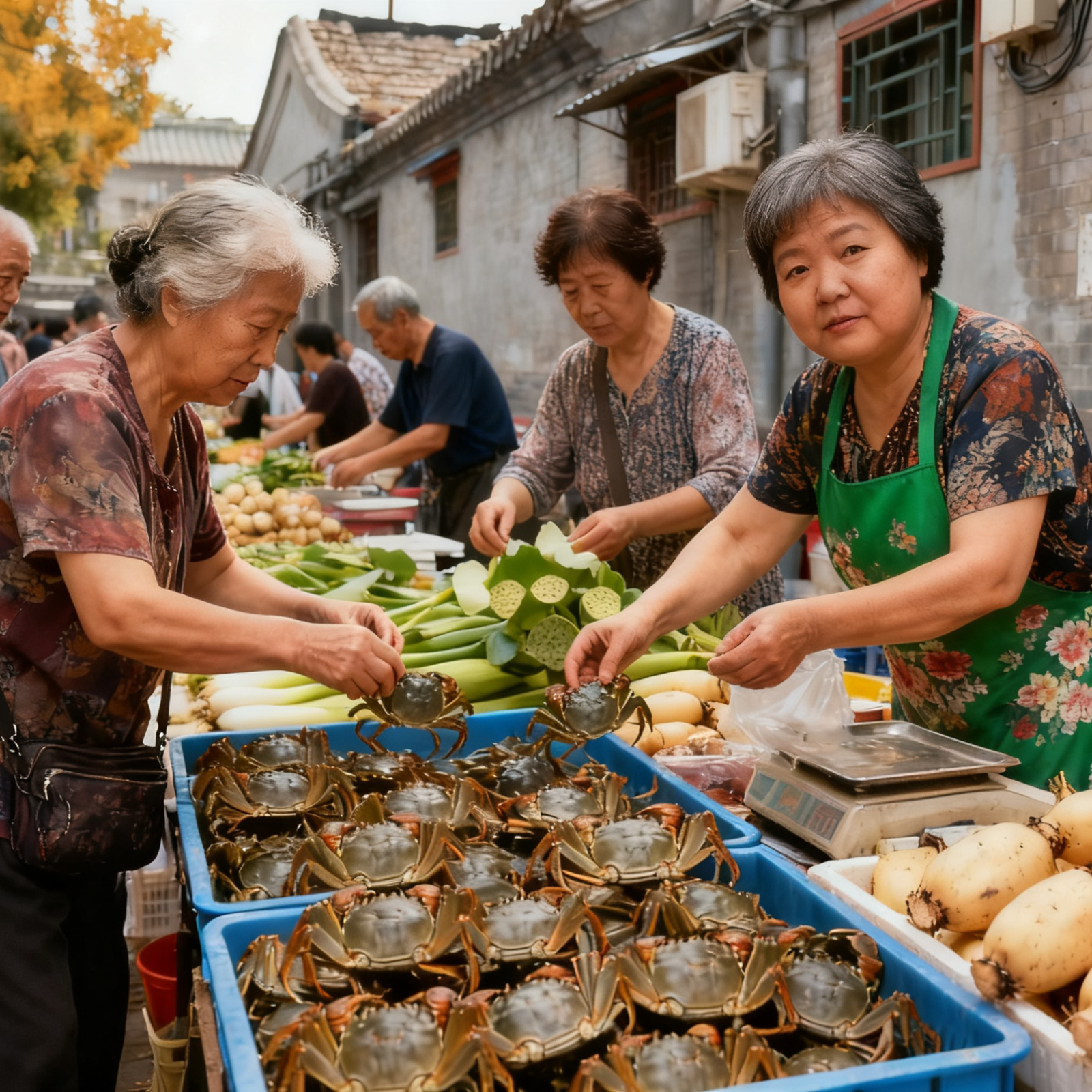 Chinese woman buying seasonal food for Mid-Autumn Festival at a market