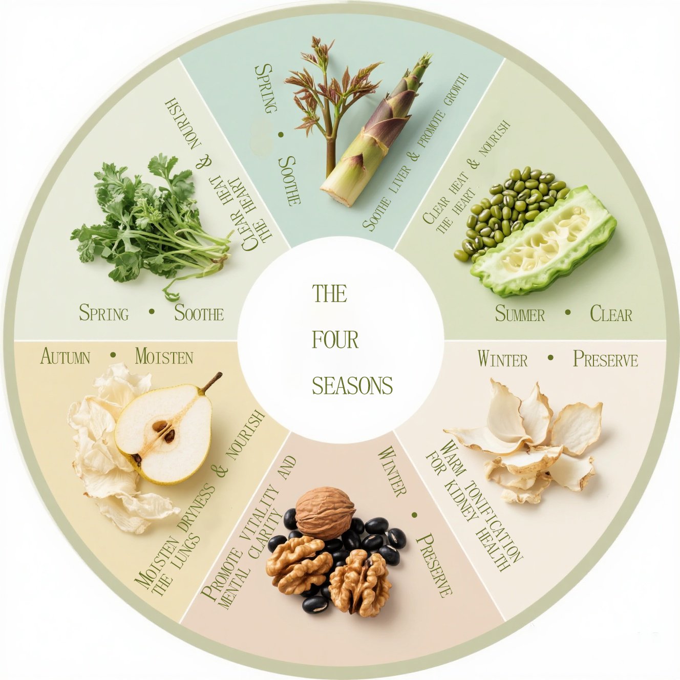 Seasonal nourishment wheel: spring—soothe, summer—clear, autumn—moisten, winter—preserve.